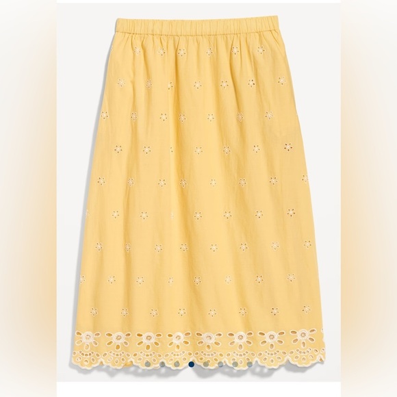Old Navy Butter Yellow Eyelet Cotton Pull On Midi Skirt Large Cottagecore Dainty - Picture 8 of 10